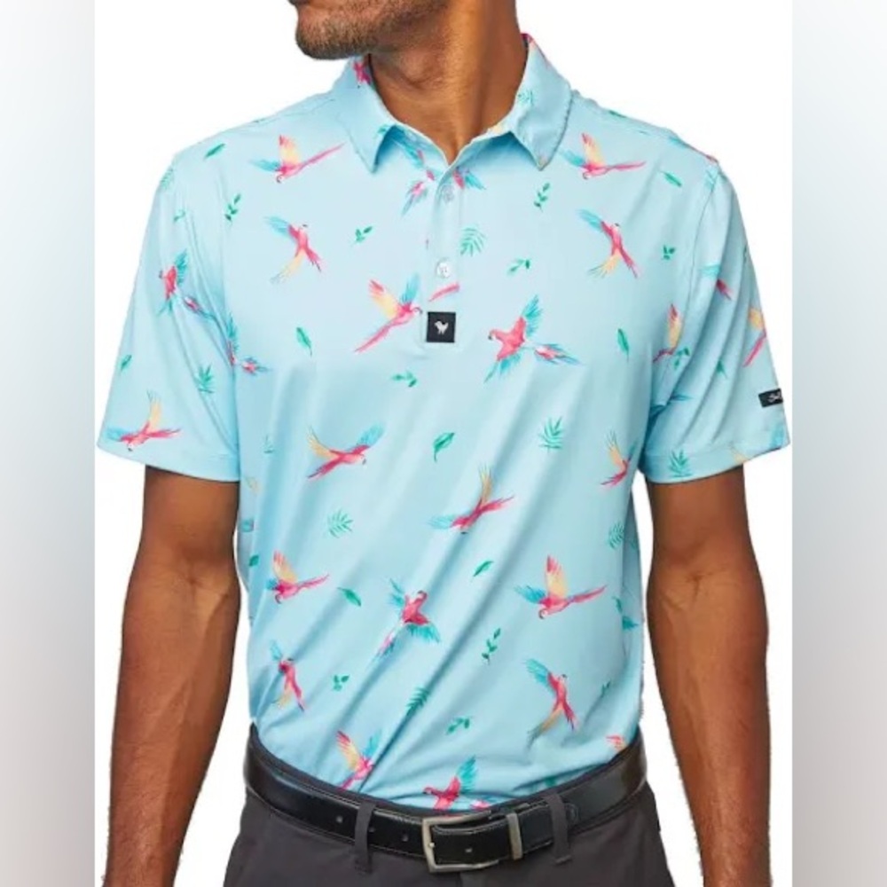 Bad Birdie Light Blue Parrot-Print Polo